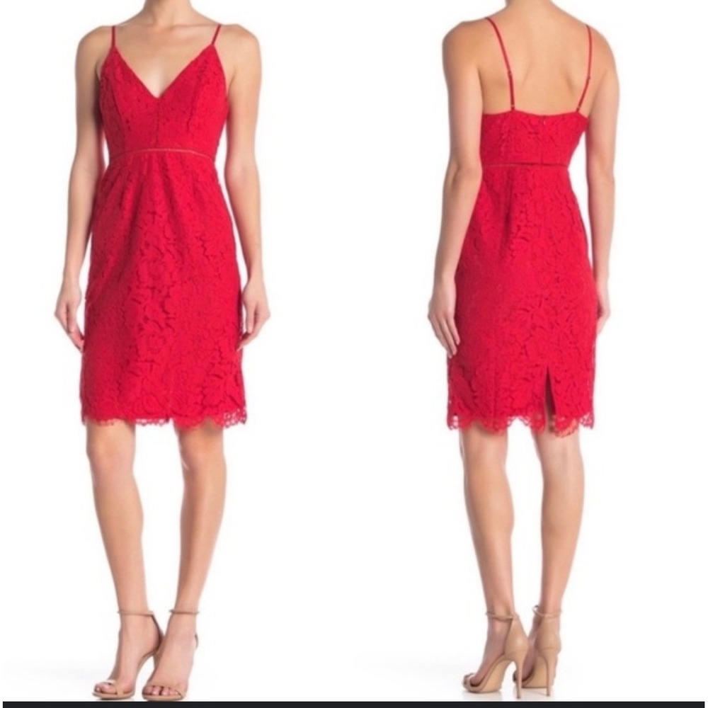 ASTR The Label Red Lace V Neck Spaghetti Strap Bodycon‎ Mini Dress Size S